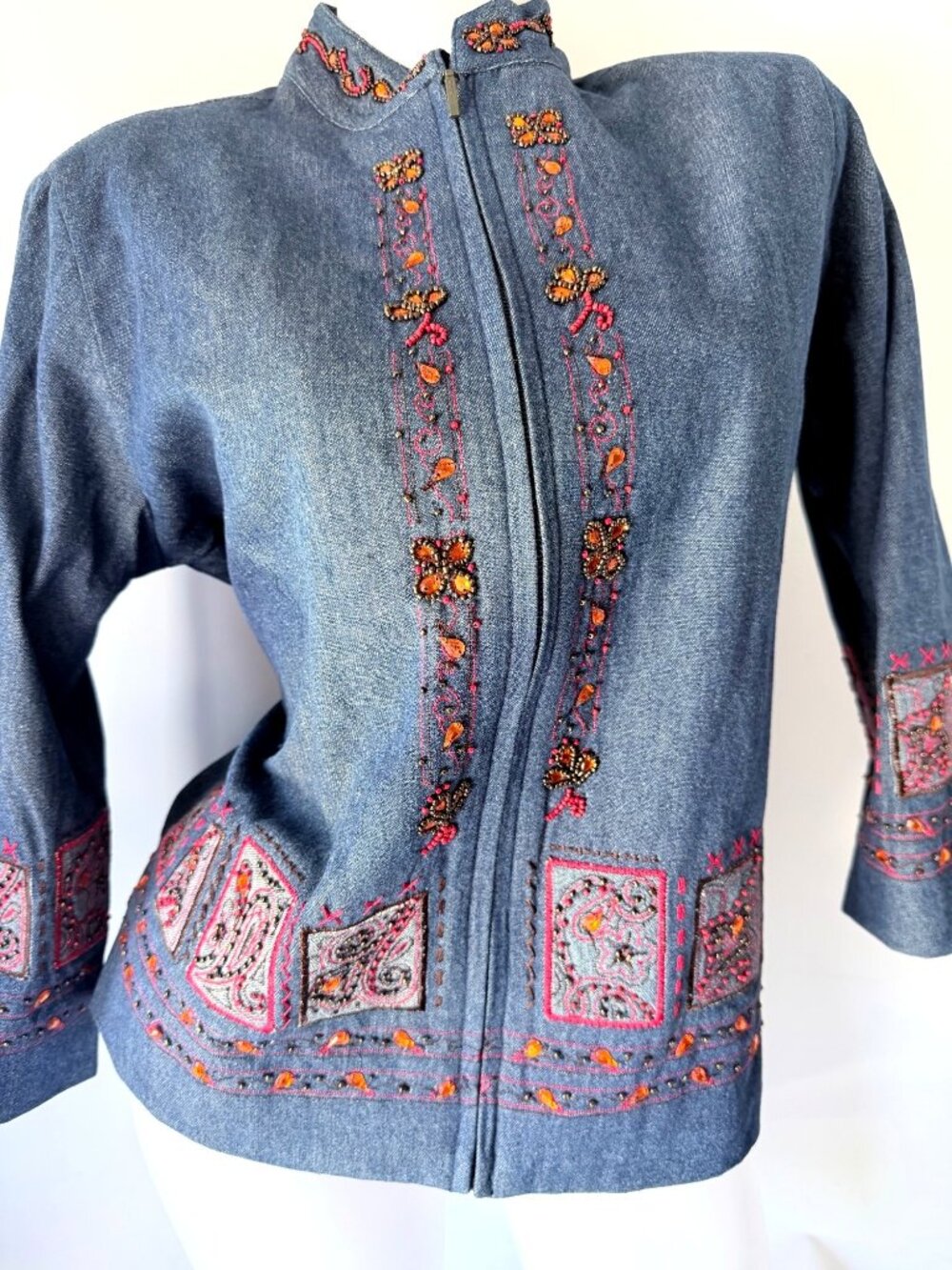 Drapers & Damons Cotton Denim Zippered Embroidered Blazer Womens Petite Medium - Picture 3 of 15
